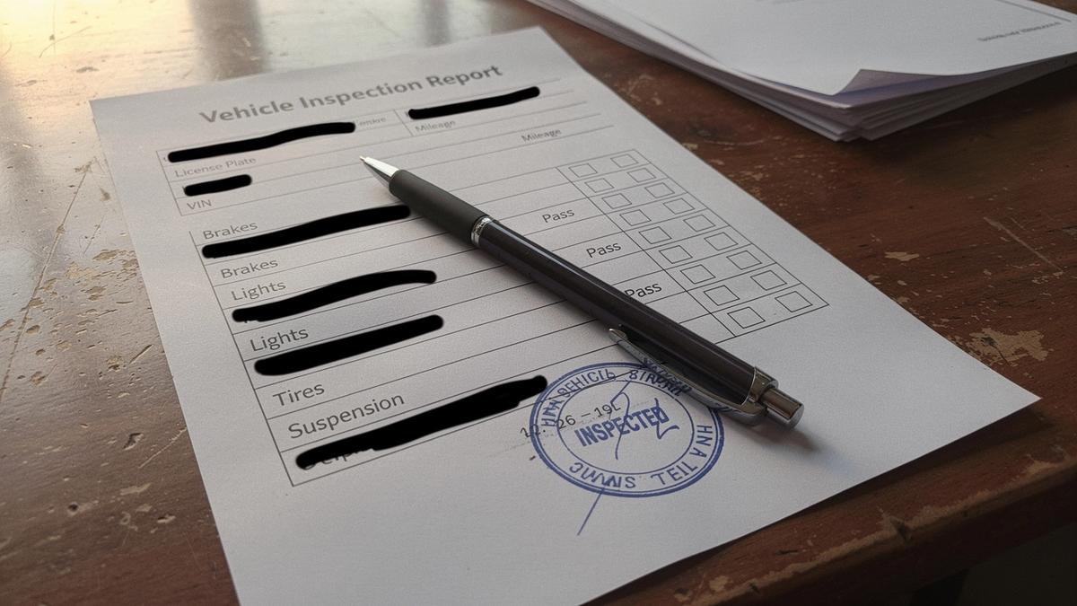 Printed vehicle inspection report with redacted lines and a round ink inspection stamp