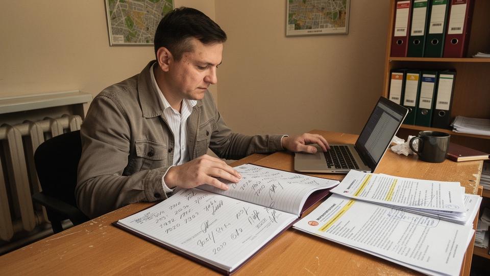 Concierge reviewing a vehicle file at a Kyiv office desk