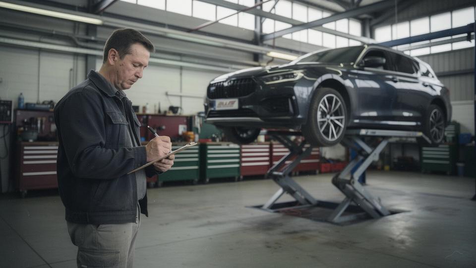 Independent inspector writing notes beside a lifted luxury car on a garage ramp